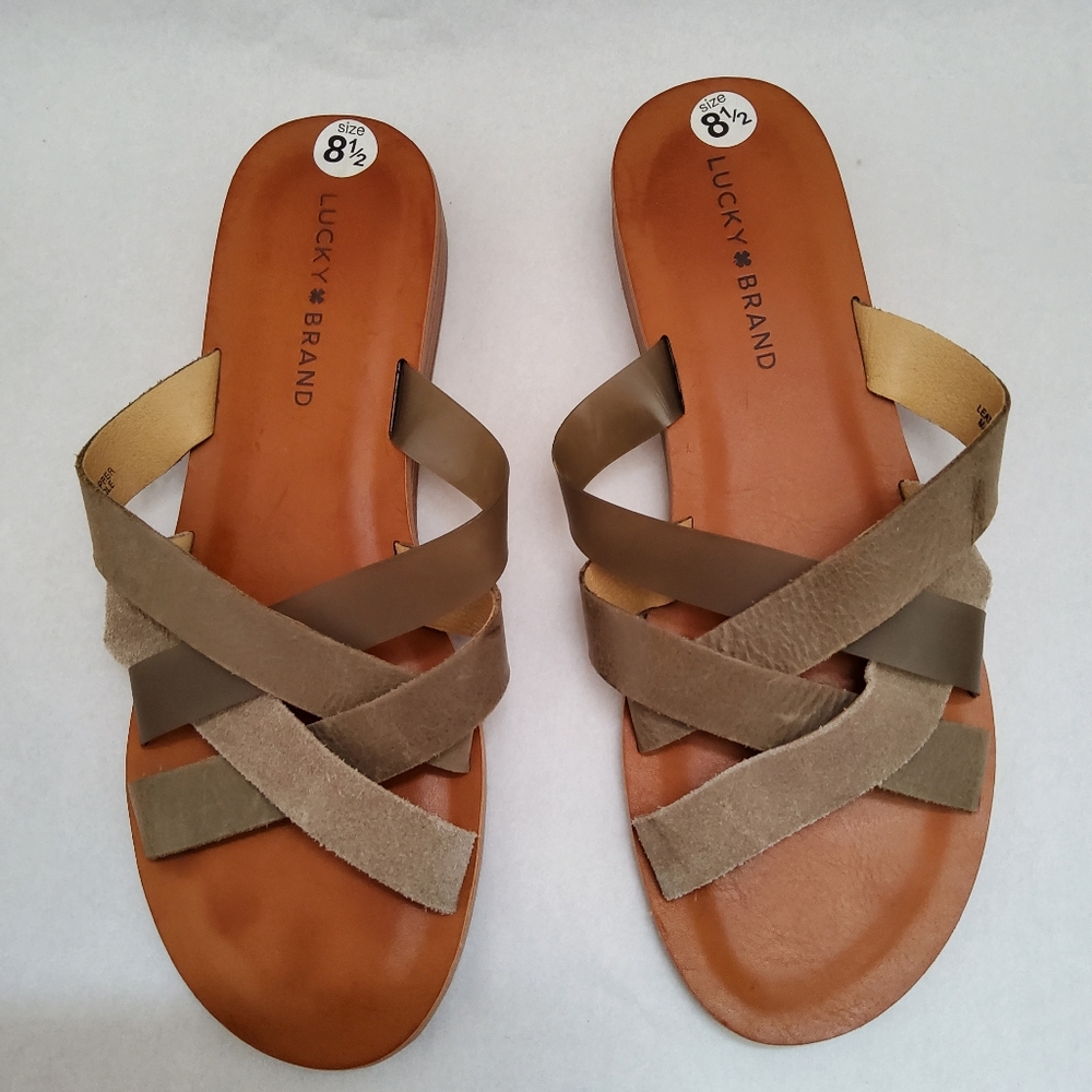 Lucky Brand Tan and Brown Crisscross Slide Sandals